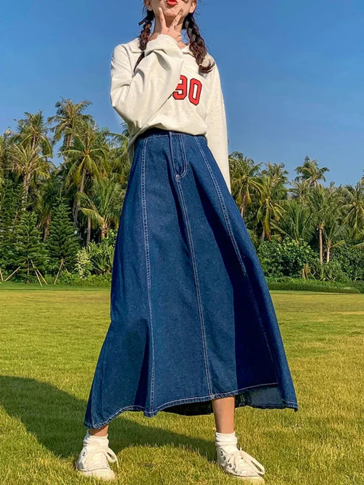 Maxi Long Skirts Women Spring Summer Casual High Waisted Jean Skirt Ladies Splicing A Line Ruffle Denim Skirt Plus Size 5XL 6XL 240529