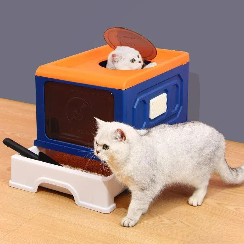 Enclosed Cat Litter Box with Scoop Large Cat Litter Tray Cat Toilet Dark Grey