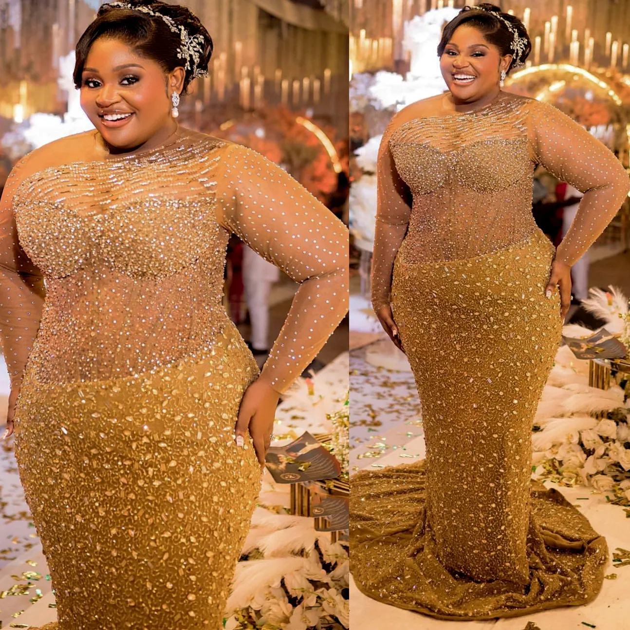 DHgate Luxurious Beaded Gold Mermaid Prom Dress Plus Size Evening Gown Wedding Party Events