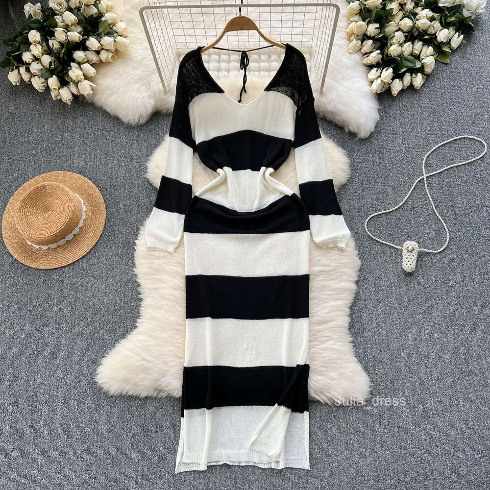 Korean Style V-Neck Knitted Mid-Length White knit dress with Split Hem and Hip Detail for Women - Slim Fit, Over Knee Length, Long Sleeves - Perfect