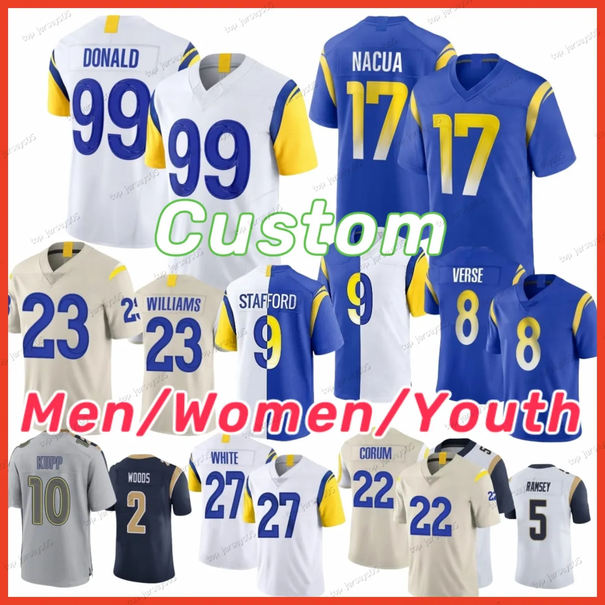 17 Puka Nacua Football Jersey Cooper Kupp Matthew Stafford Jared Verse Blake Corum Aaron Donald Tyler Higbee Kyren Williams Jimmy Garoppolo Tre'Davious White Karty