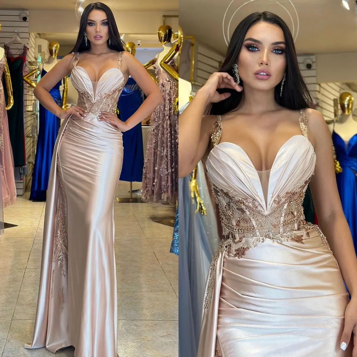Silk champagne prom dress discount