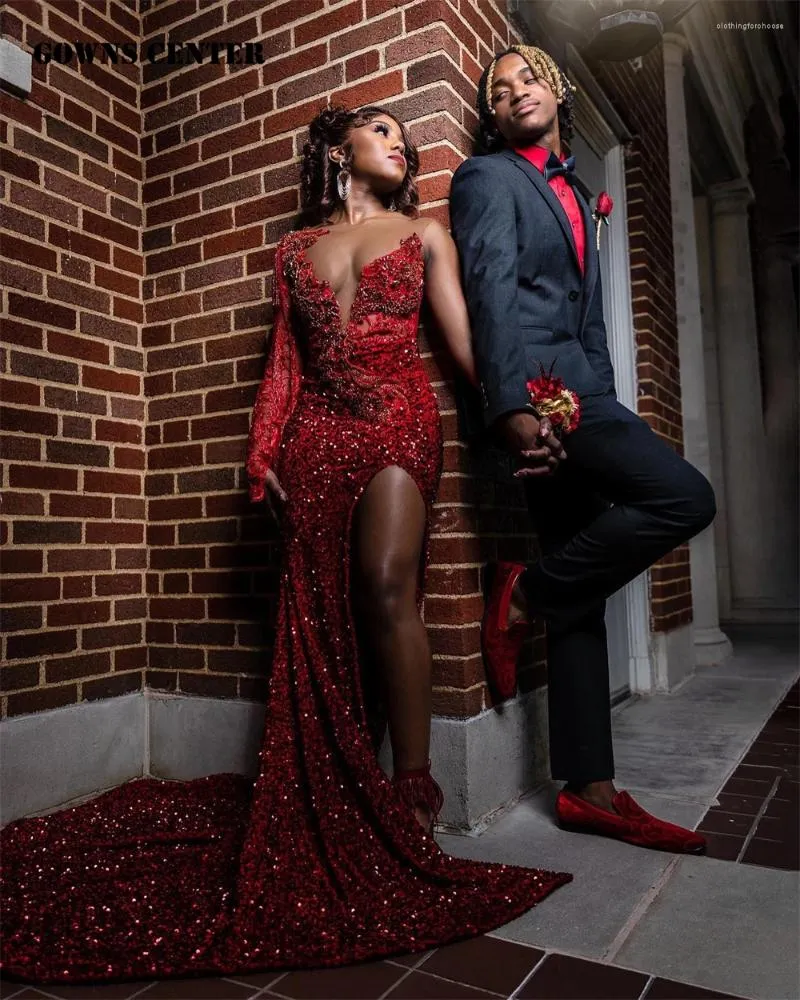 red sequin mermaid prom dress Abstract Pattern Red Sequin with Feather Prom Dress