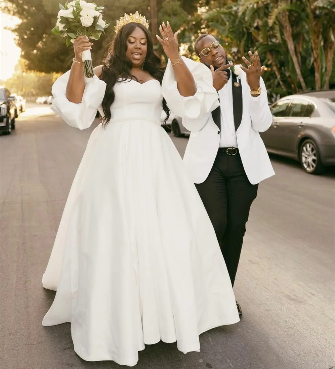 Elegant Plus Size Satin Wedding Dress with Puff Sleeves and