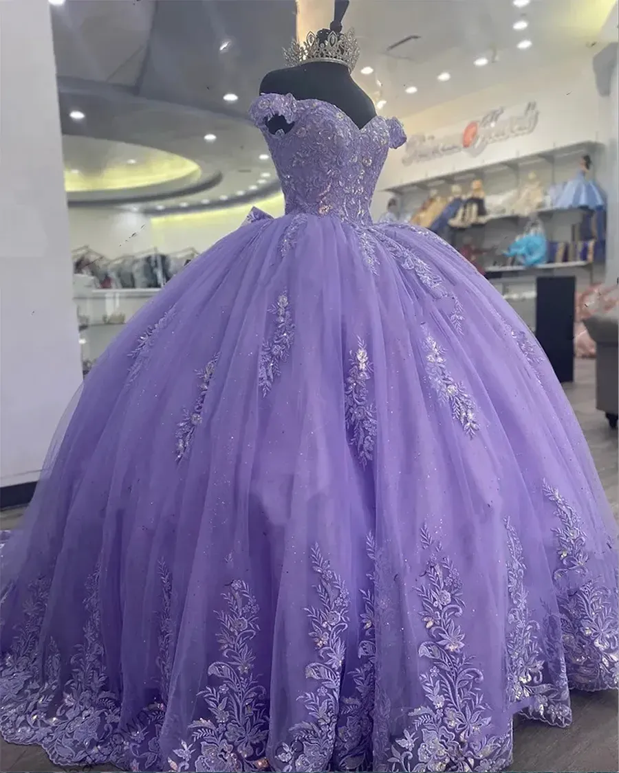 Off Shoulder Sleeveless Appliques Bow Knot Lilac Quinceanera Dress WQ1345 main image 0
