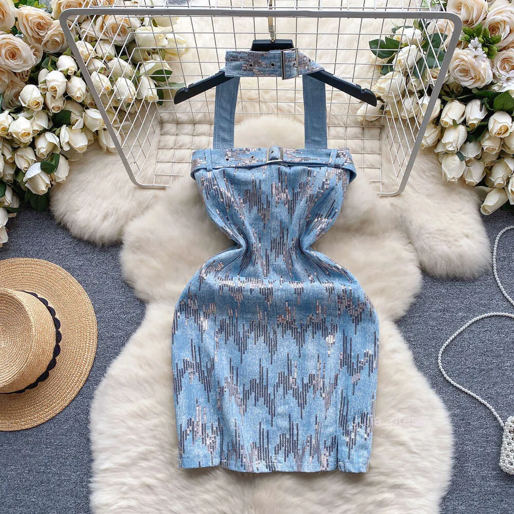 Gold sequin dress with slim fit and strapless design featuring hanging neck  strap and short length from Dhgate Basic & Casual Dresses - price 35.68