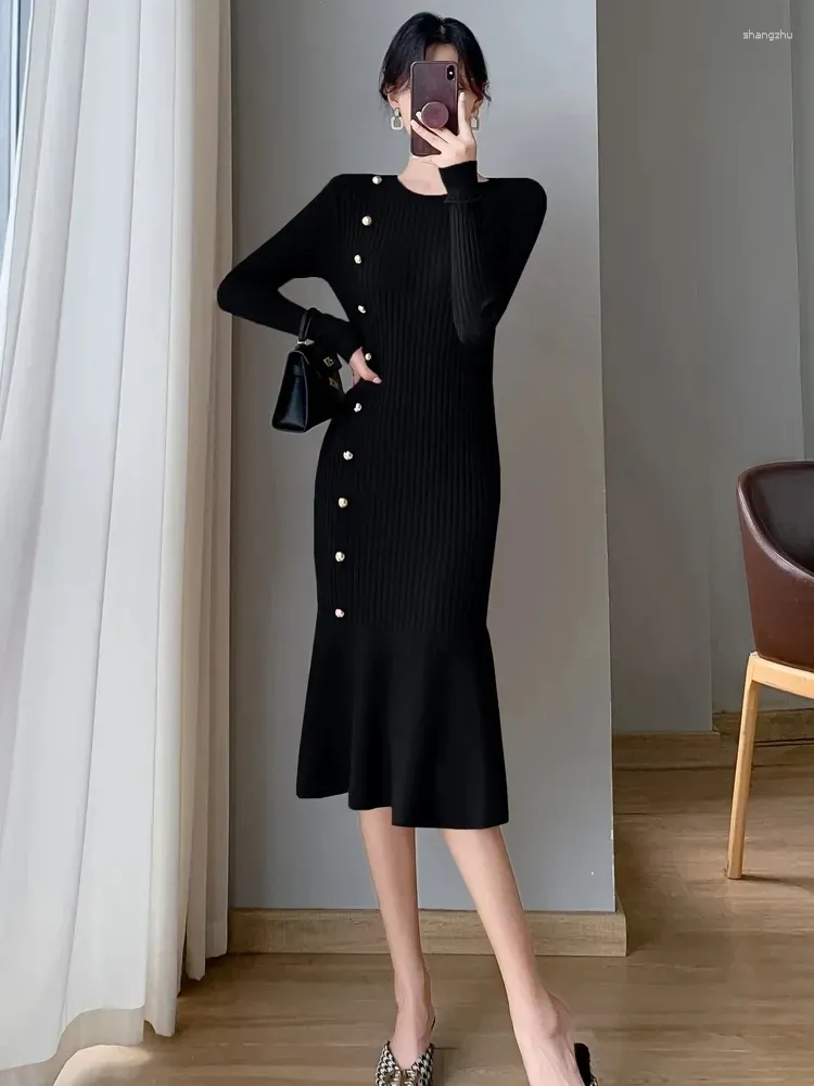 fitted lace wedding dress Fall Warm Black Cotton Wave Point Dresses Long Sleeve Winter Clothes M main image 1