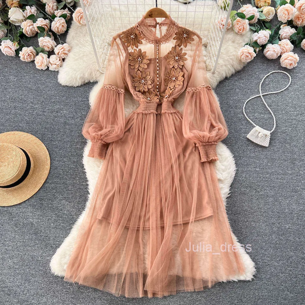 Autumn Long Sleeve Dress Two-Piece Set with 3D Flower Mesh Lantern Sleeves  and High Waist Slimming Design