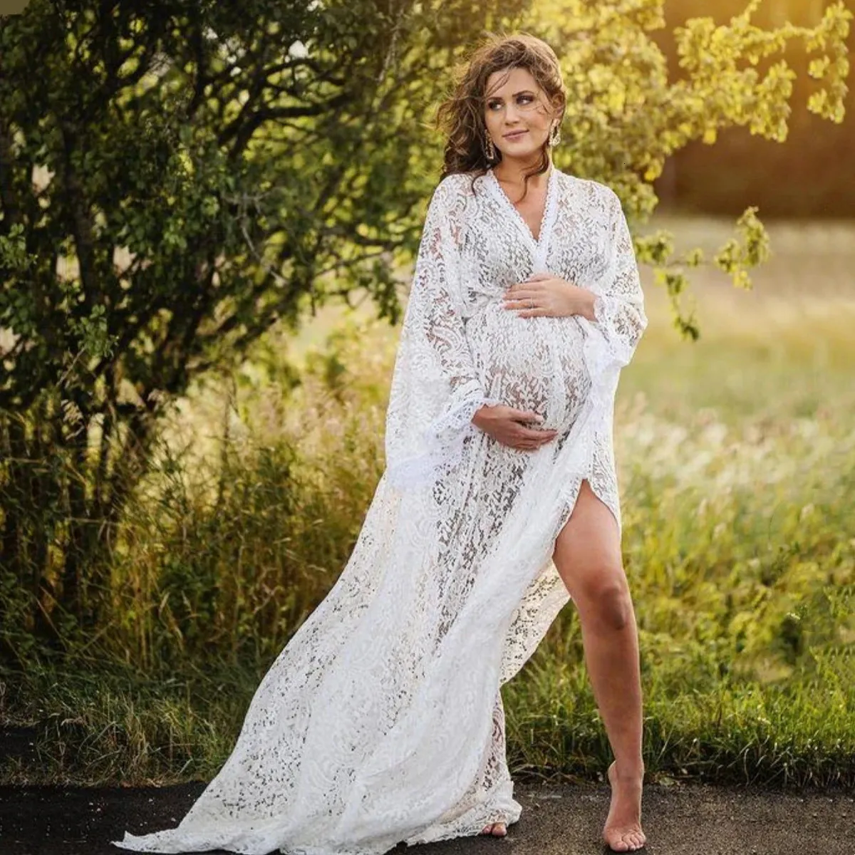 Elegant Blue Lace Maternity Dress for Pregnant Women