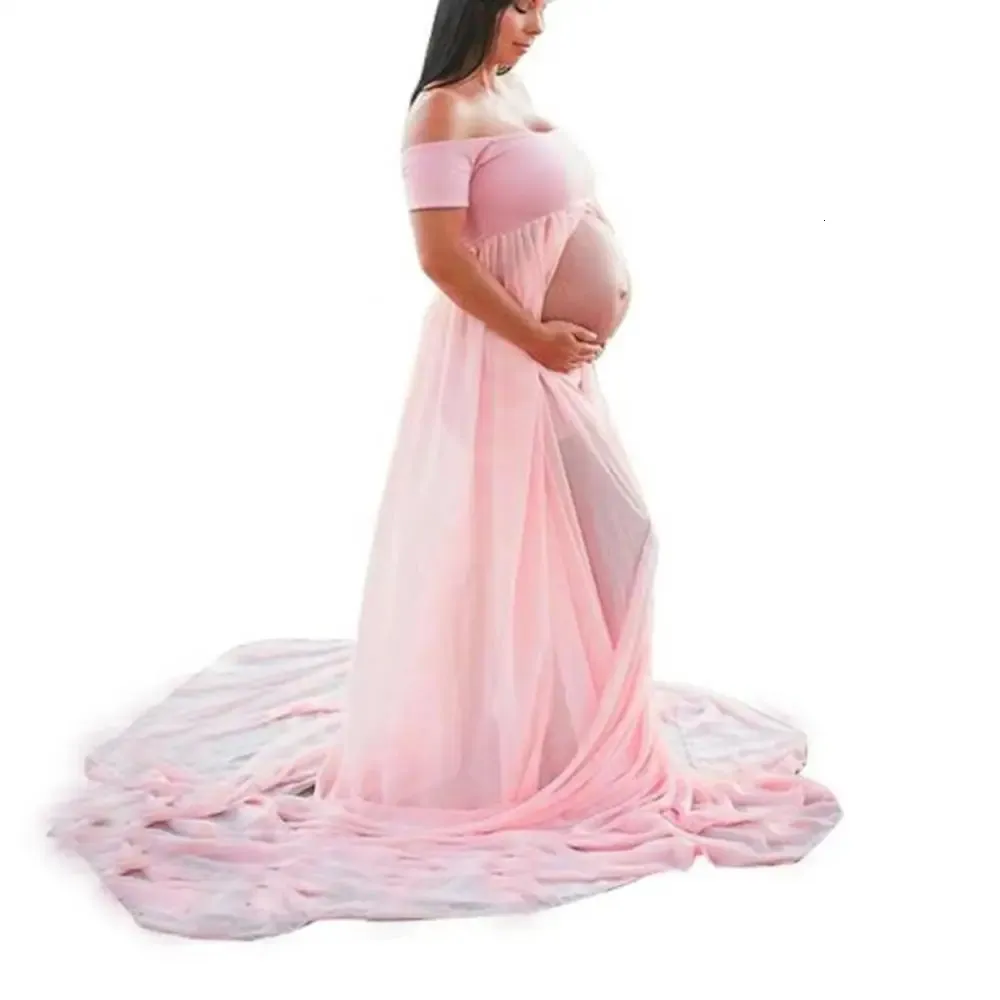 Zwangerschaps Fotoshoot Jurk Kant Vloeiende Tule Off-Shoulder Zwangerschap Chiffon Fotografie Jurk Split Front Jurk Voor Fotoshoot Bruiloft Partij Baby Shower-Rood|M