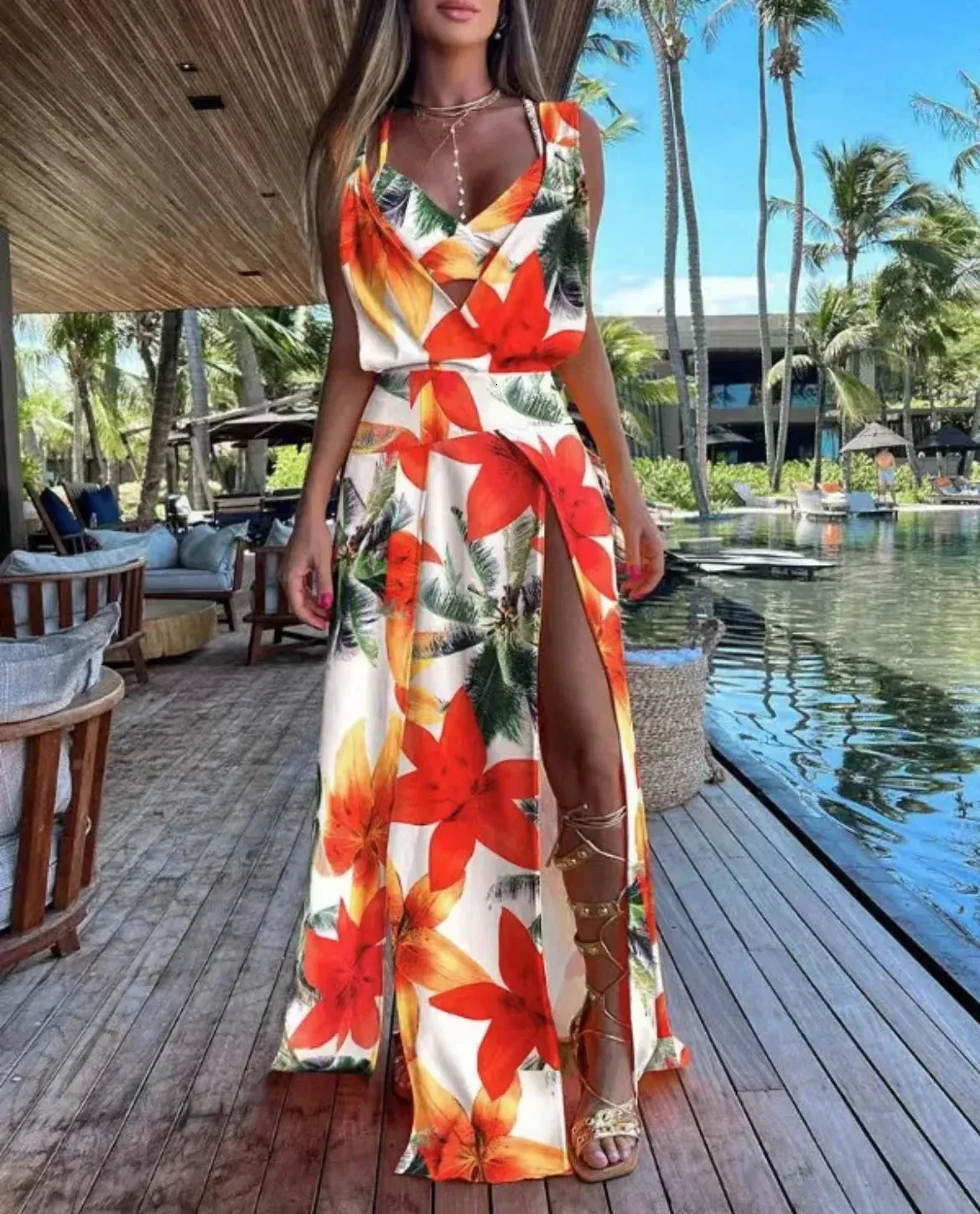 Sleeveless Plunge Maxi Dress Sexy High Slit Summer... From Huafei02, $9.65  In Bulk | DHgate.Com