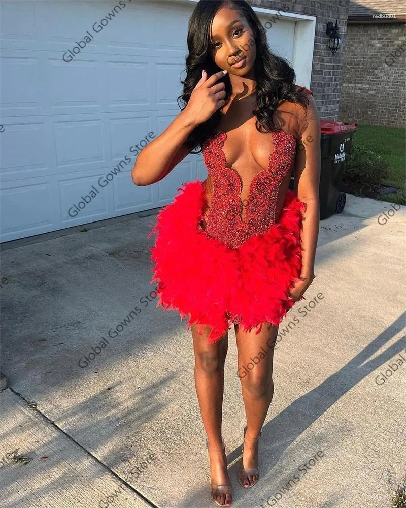 Red O Neck sexy red prom dress with Crystal Beading and Rhinestone Feathers for Girls Perfect for Birthdays and Cocktail Parties in 2024