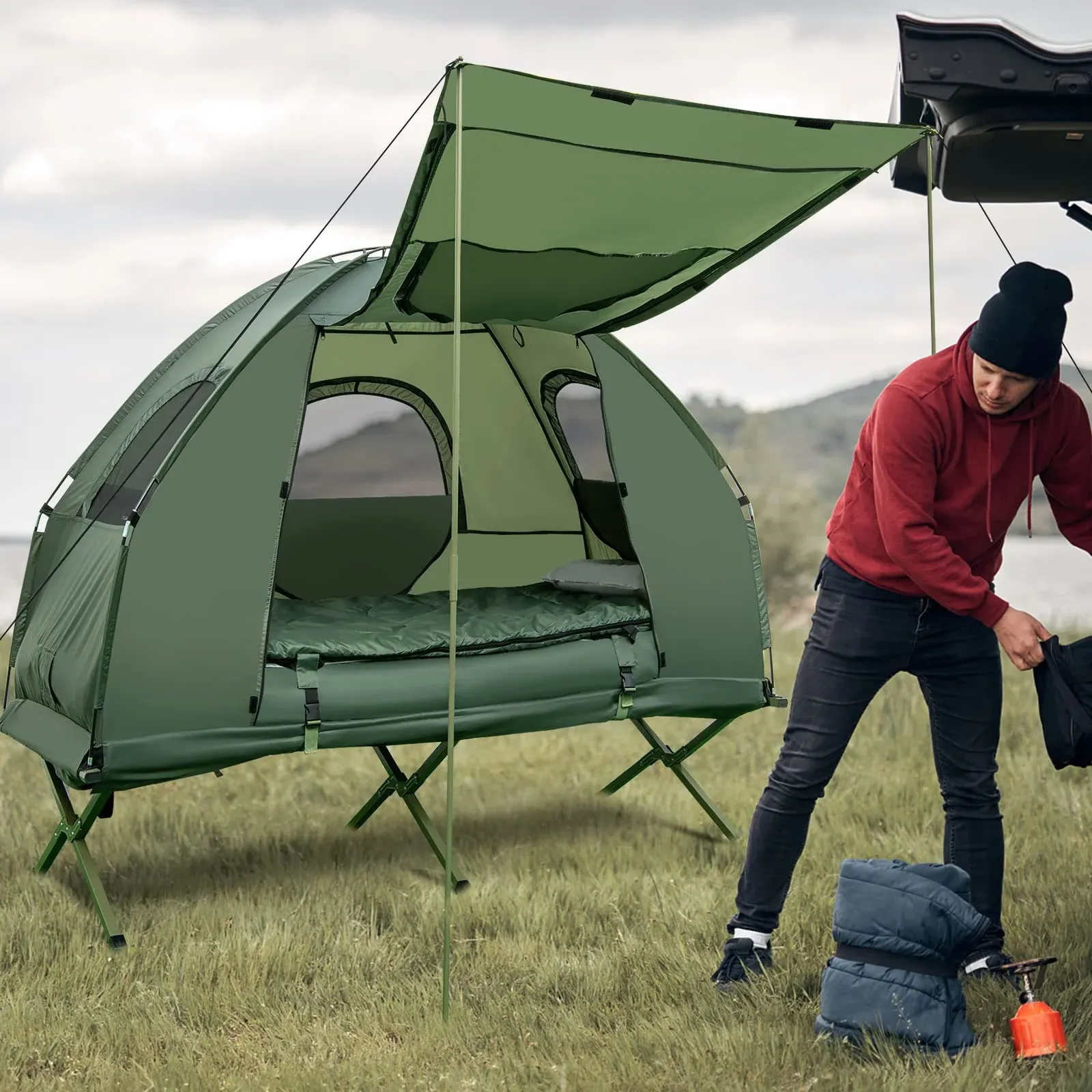 DHgate 2024 Foldable Single Person Tent Cot with Air Mattress and Sleeping Bag Portable Outdoor Camping Cot Bed Home Garden