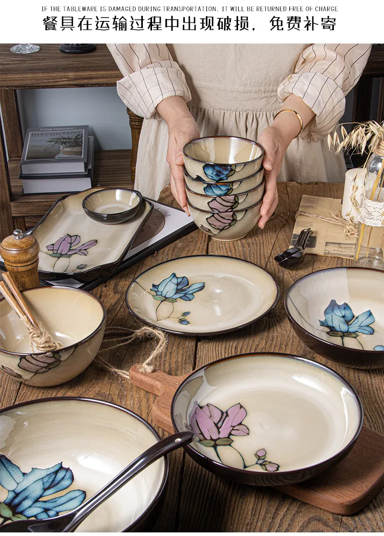 Ceramic hand-painted floral dish plate Japanese tableware round 8