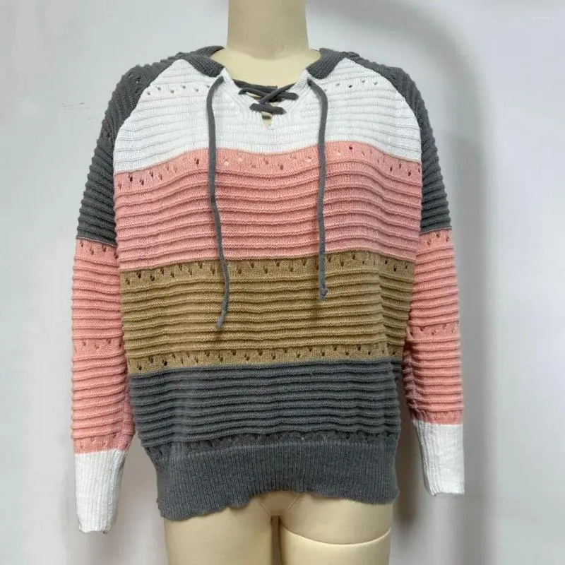 Color block hollow out drawstring knitted sweater cheap