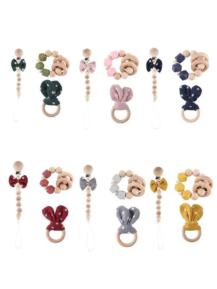 Rattle Toys For Infants Wooden Baby Teether Set With Pacifier Necklace ...