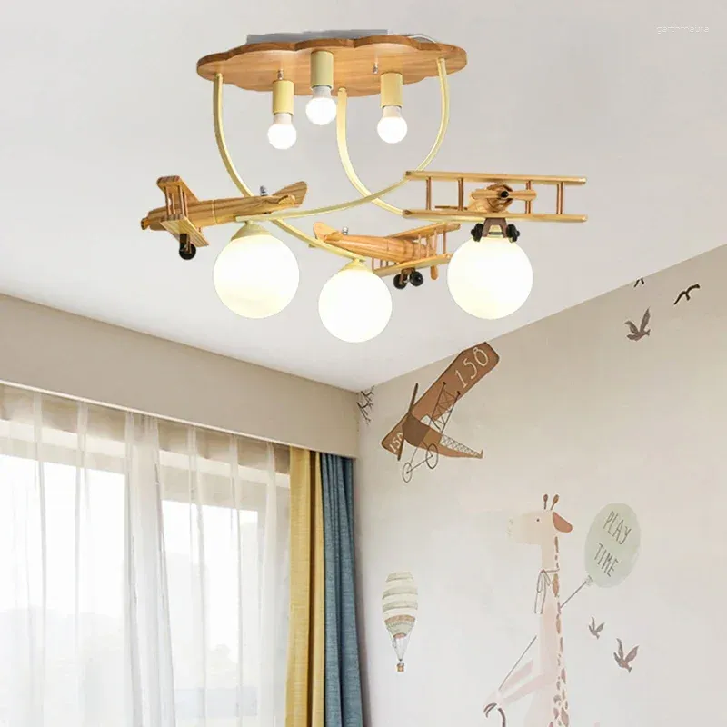 Creative Airplane Wooden Chandelier Light for Kids Room Nursery Bedroom Ceiling Lamp LED E27