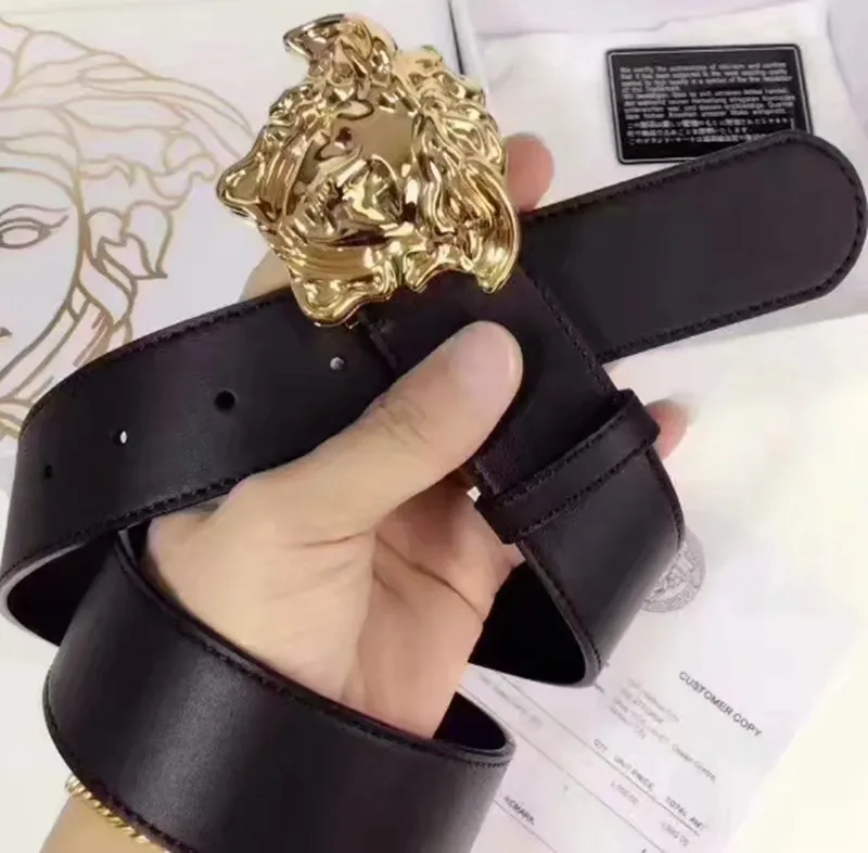 Medusa Buckle Leather Dress Belt for Men and Women Black 3.8cm Width