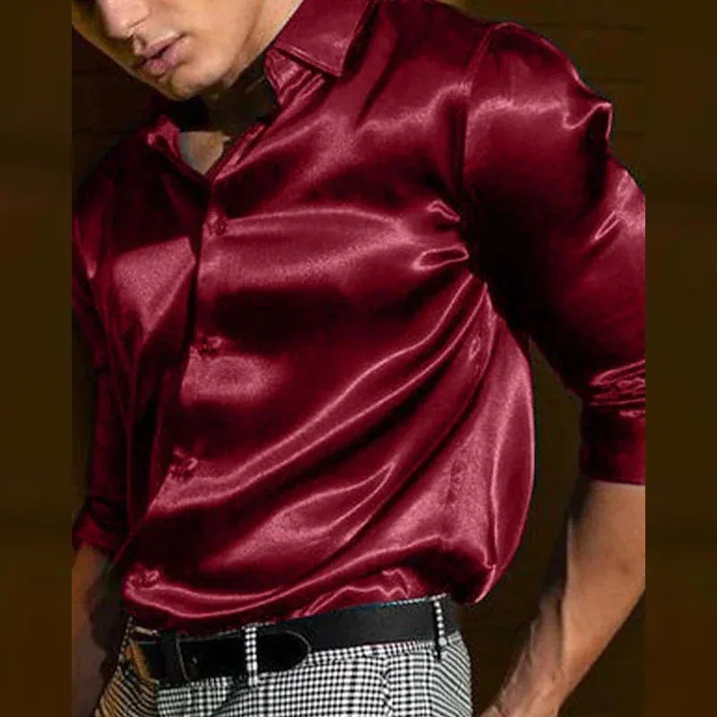 red dress with gold trim Cream Shiny Plain Satin Classic Men's Shirt – Makrom main image 0