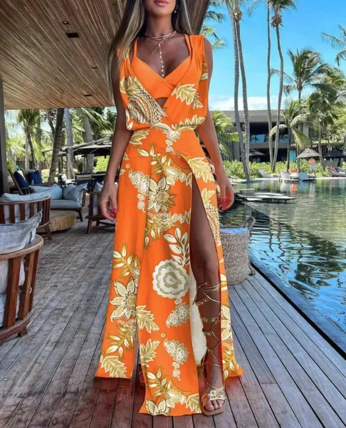 summer dress with high slit Womens Sexy Summer Dresses Sleeveless Round Neck Thigh-high Slit Ruche main image 1