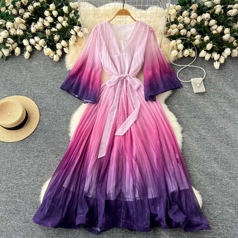 2024 New Light Mature Style Women's Chiffon Maxi Dress with Loose V-Neck, Flared Sleeves, and Trendy Color