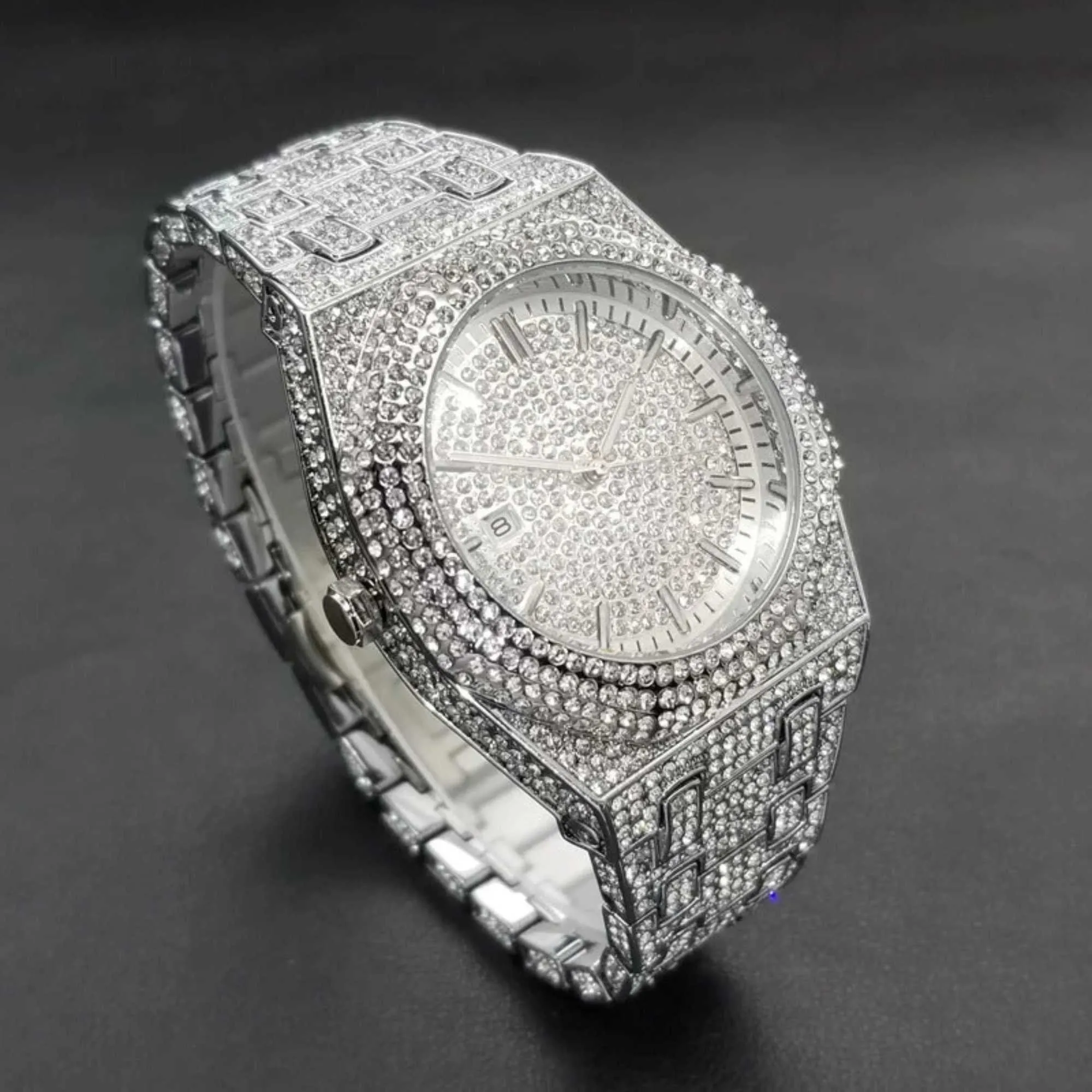 Silver diamond mens watch sale