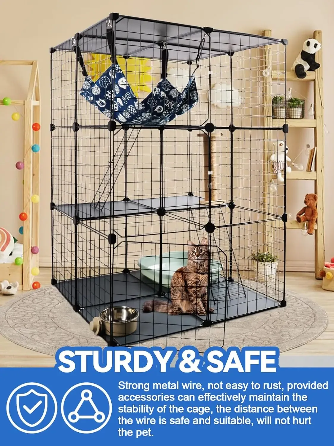3-Tier Large Folding Pet Cat Cage - Indoor Outdoor Playpen With Black Metal Wire, Portable Vacation Cage