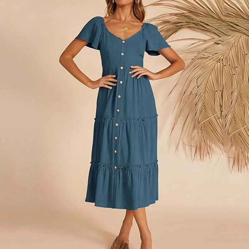 Women s Casual Summer Dresses 2024 Short Sleeve Button Down V Neck Tiered A Line Dress for Women Plus Size