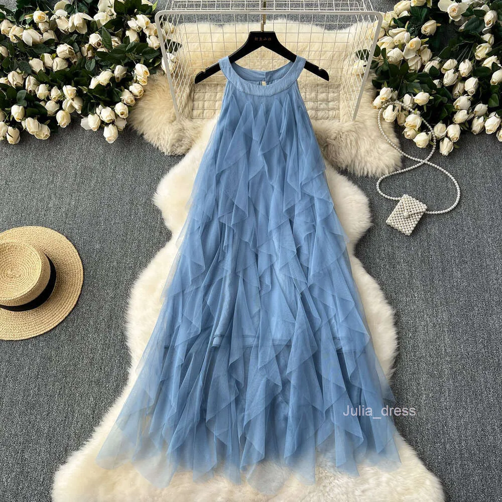 2024 Summer Retro Royal Sister Goddess Fan blue maxi dress - High-End, Folding, Halo-Dyed, Heart-Shaped Vest Skirt with Feeling