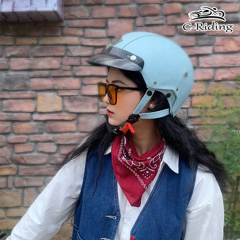 Vintage Motorrad Helm Half Face - Leder Innenfutter, Mit Brille, DOT Zugelassen, Retro Style Für Herren & Damen