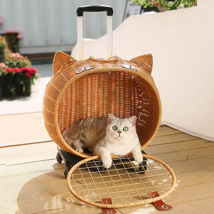 Premium Wheeled Cat Carrier Large Breathable Portable Pet Travel Cage,  Designer Outdoor Rolling Carrier for Cats Small Dogs Cute Supplies