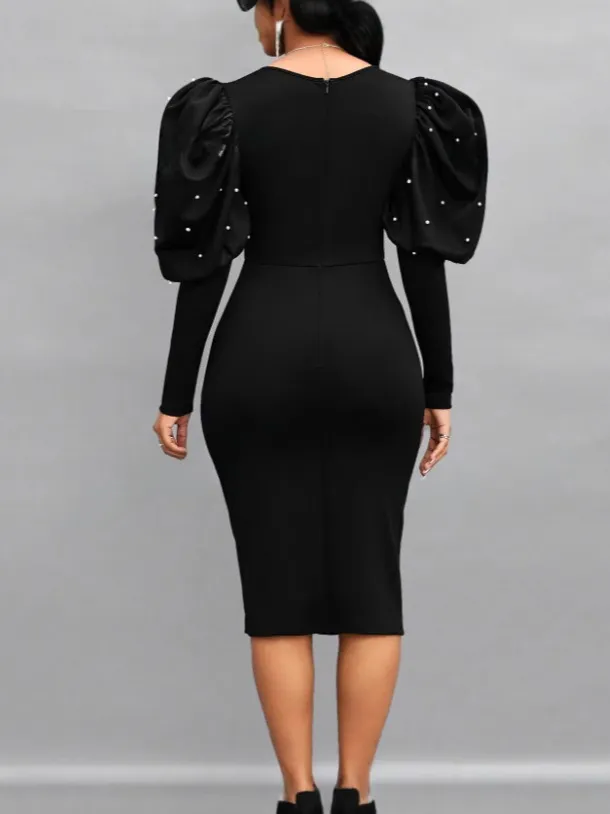 black bodycon dress with puff sleeves Black High Neck Long Sleeve Ruched Bodycon Mesh Midi Dress – AX Paris main image 0