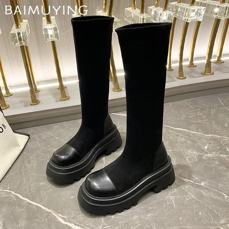 Suede Knee High Platform Boots - Chunky Heel Moto Boots for Women ...