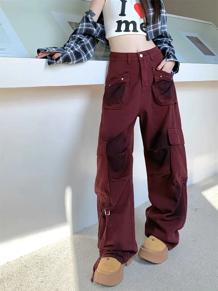 Red Cargo Trousers: Womens Y2K Wide Leg Jeans With Multi Pocket