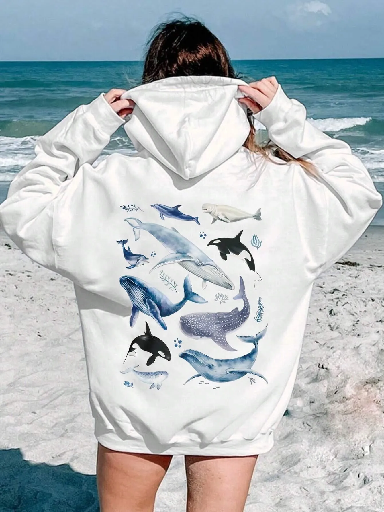 Fashion Sweatshirts Women Ocean Whale Print Hoody, Harajuku Fashion Sweatshirts Women Ocean Whale Print Hoody, Harajuku