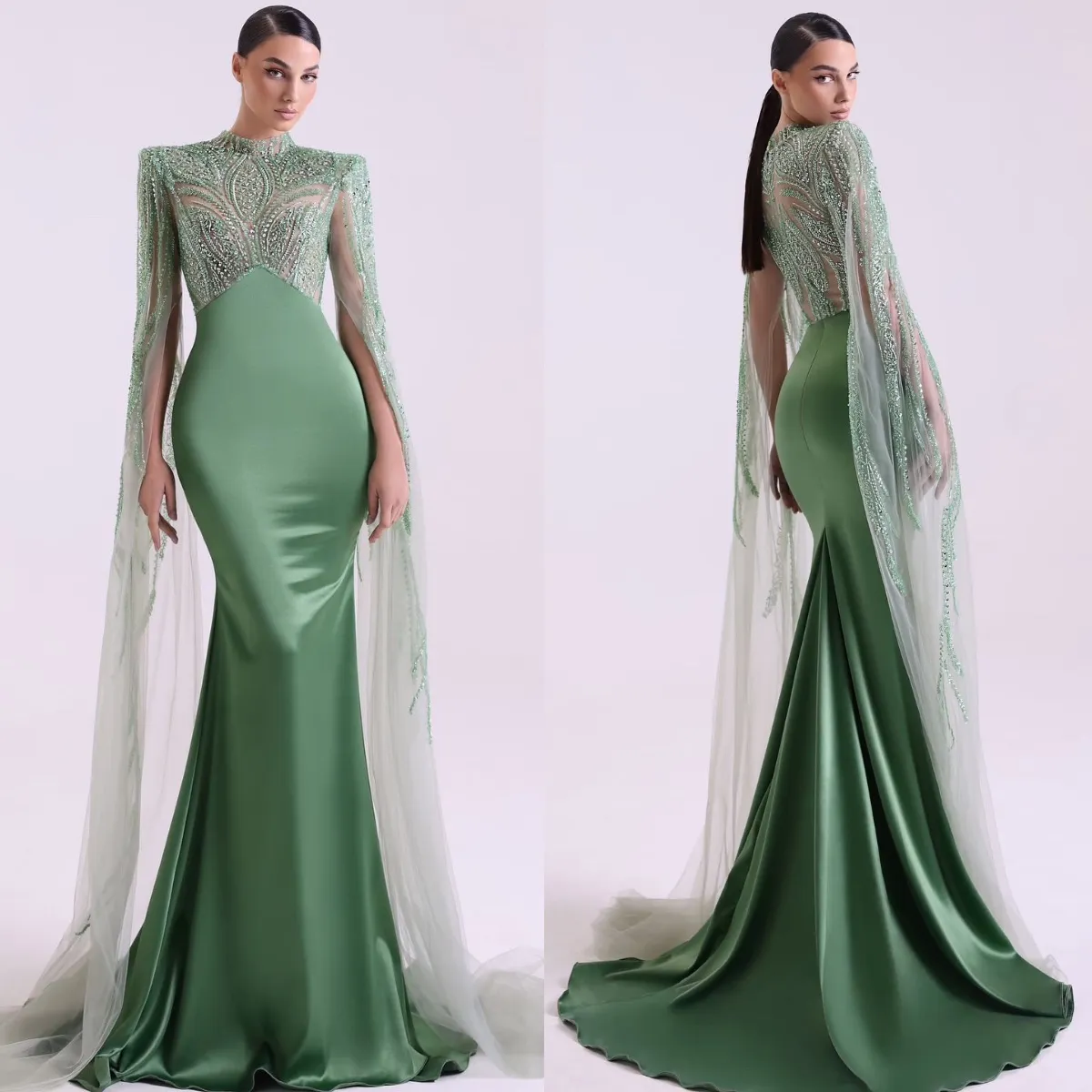 Emerald Green Sequin Mermaid Evening Gown: High Neck, Long Sleeves