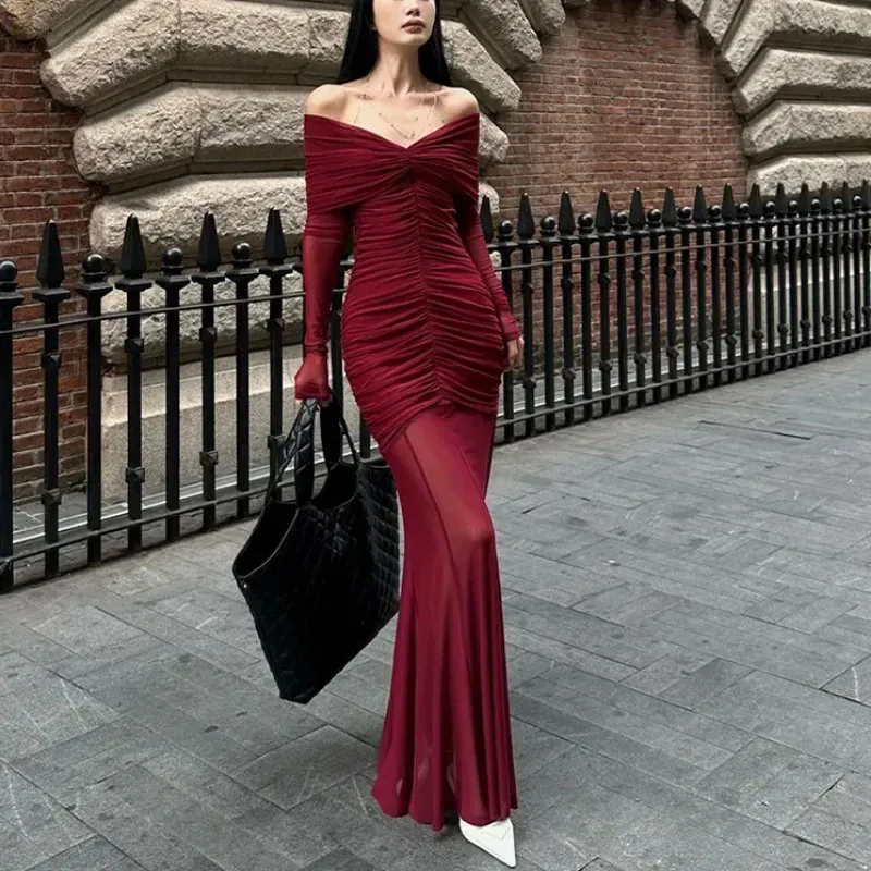 Red Off The Shoulder Ruched Fishtail Evening Dress... From Landong01,  $22.07 | DHgate.Com