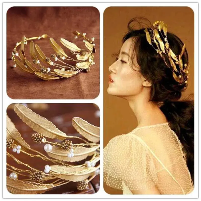 FORSEVEN Vintage Gold Crystal Pearl Headband, Wedding Tiara 