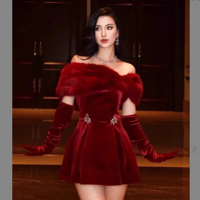 red short dress winter Red Wool Mini Dress - Long Sleeve with PU Collar C1030