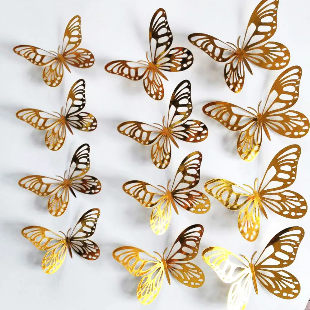 3D Butterfly Wall Decals Set Gold And Silver Metallic Hollow Design For ...