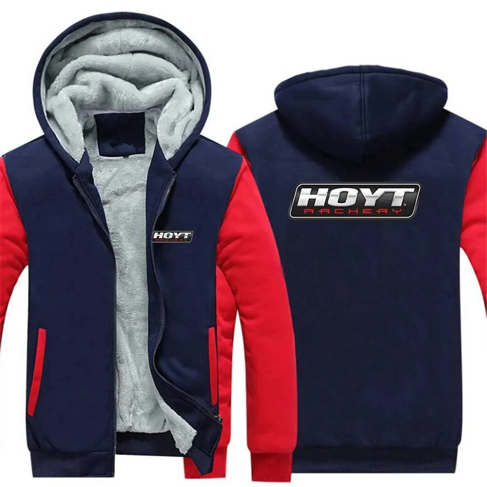 Men's Thick Wool Zipper Hoodie Sweatshirt HOYT Archery Hunting Bow Design  Casual Winter Coat