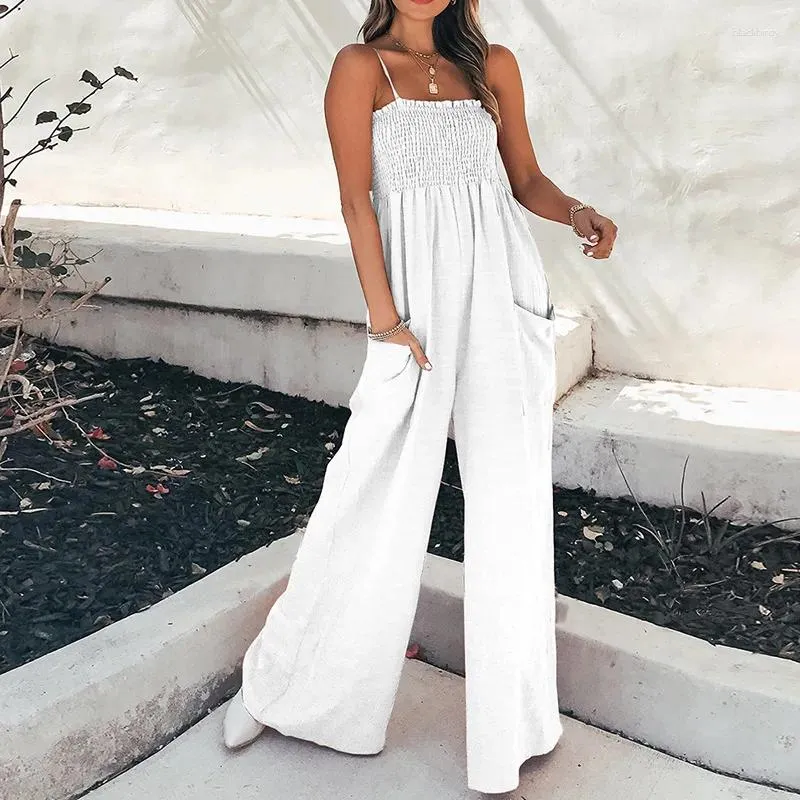 Women s T Shirts Fashionable Solid Color Pleated Strapless Simple Slimming High Waisted Camisole Jumpsuit