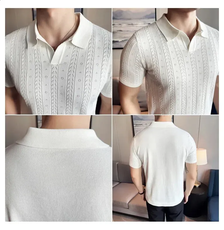 V Neck Polo T Shirts Mens Striped Jacquard Knitted Polo
