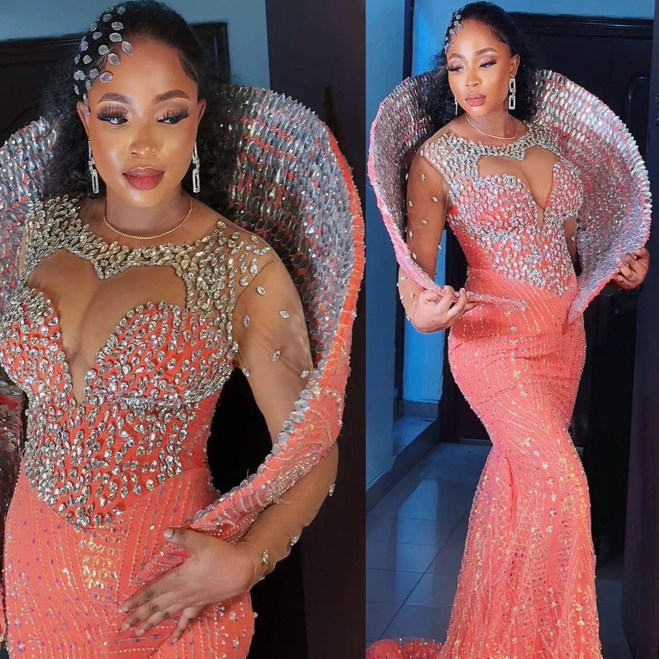 mermaid cage dress Deep V-Neck Off-Shoulder Straps Beaded Sweep Train Mermaid Prom Dress –  Laxag