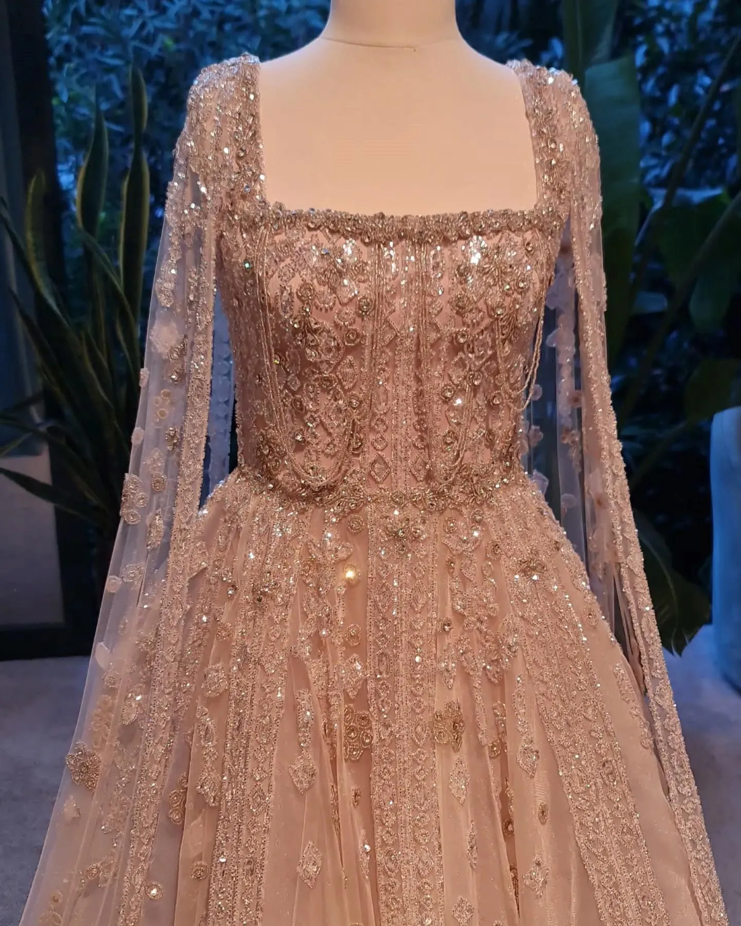 Arabic Nude A-Line Evening Dress with Crystal Beaded Illusion 1/2 Sleeves  and Court Train in Tulle Fabric from Dhgate Evening Dresses