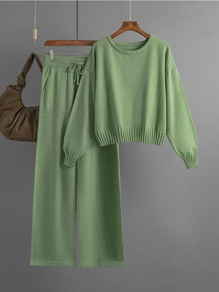 Set completo da donna in 2 pezzi, maglia a maniche lunghe e pantaloni a gamba larga, elegante abbigliamento da salotto da donna, Verde, XL