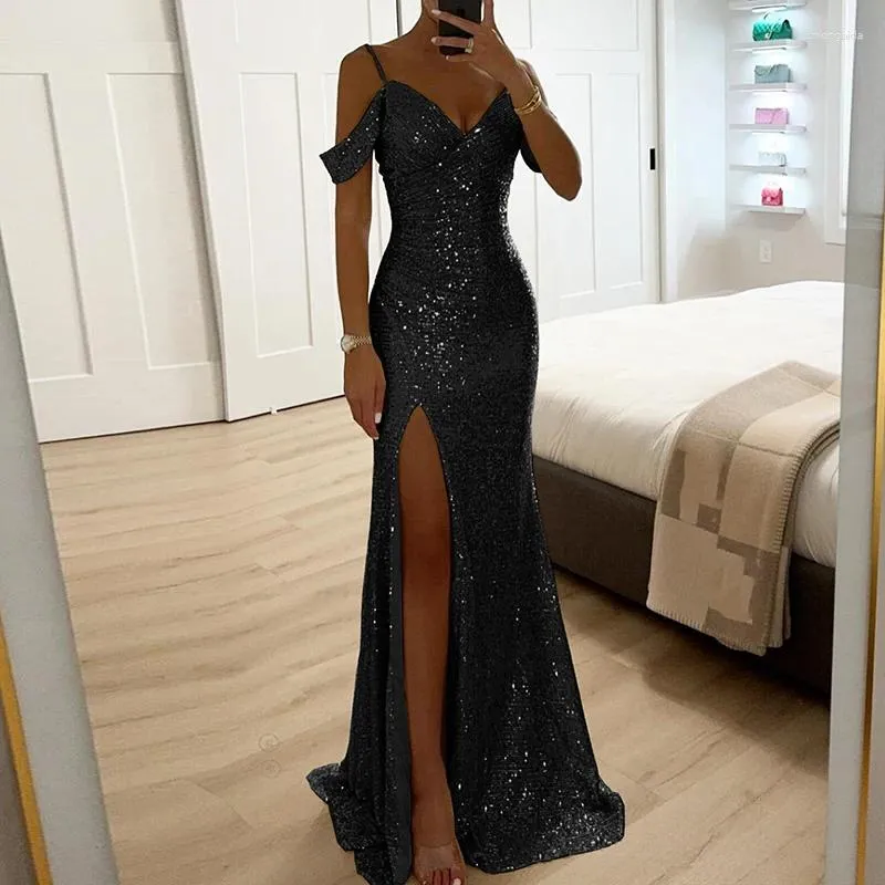 Casual Dresses Womens Off Shoulder Sequined Slim Side Split Evening Prom  Gown