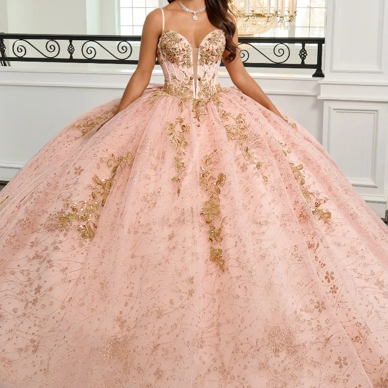 Sparkling Pink Quinceanera Gown: Gold Appliqued, Beaded Sweet 16 Dress  Shop Now!