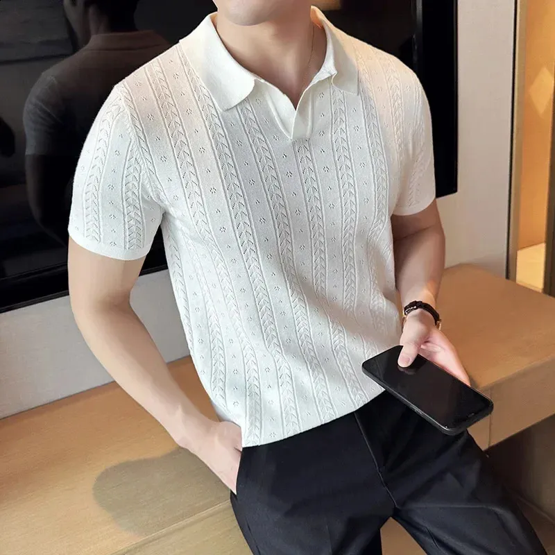 Striped Jacquard Mens Knitted Polo Shirt Mens Knitted, Short Striped Jacquard Mens Knitted Polo Shirt Mens Knitted, Short