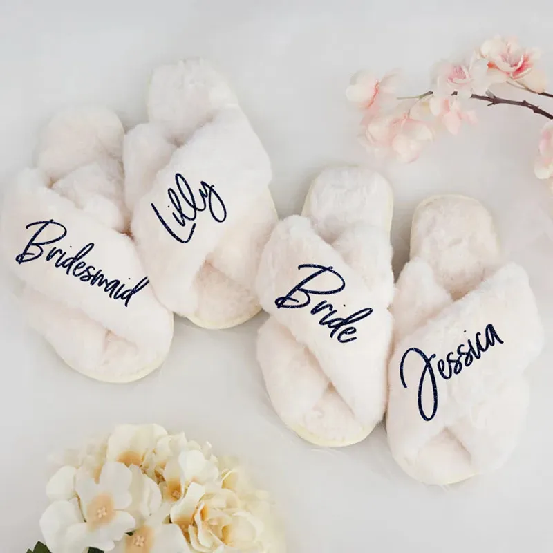 Bride & Babe Fuzzy Wedding Slippers - Bridal Shower Gift For Bride And Bridesmaids, White Faux Fur Slippers